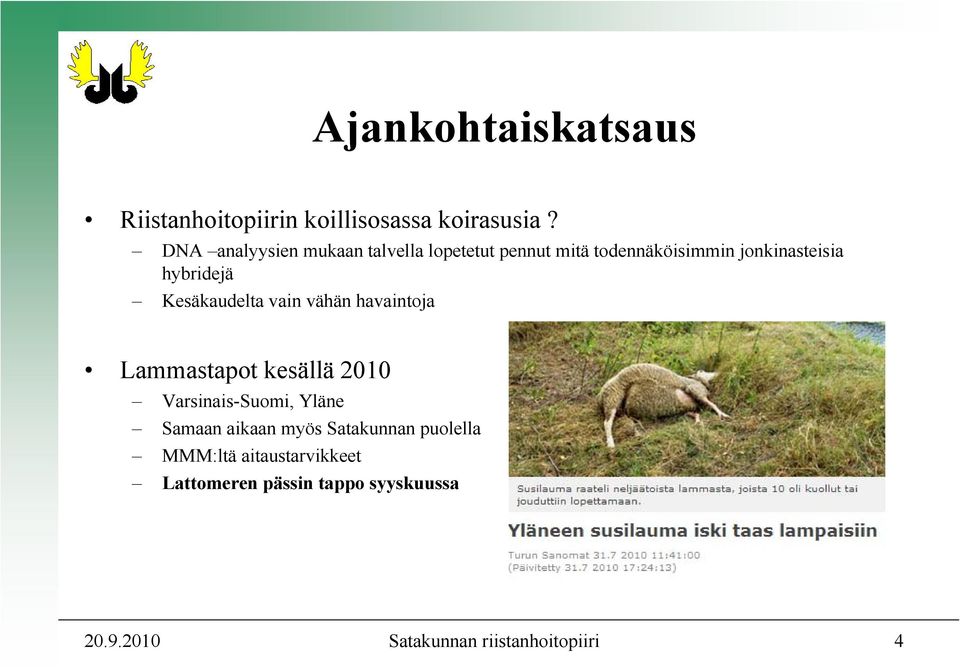 Kesäkaudelta vain vähän havaintoja Lammastapot kesällä 2010 Varsinais-Suomi, Yläne Samaan