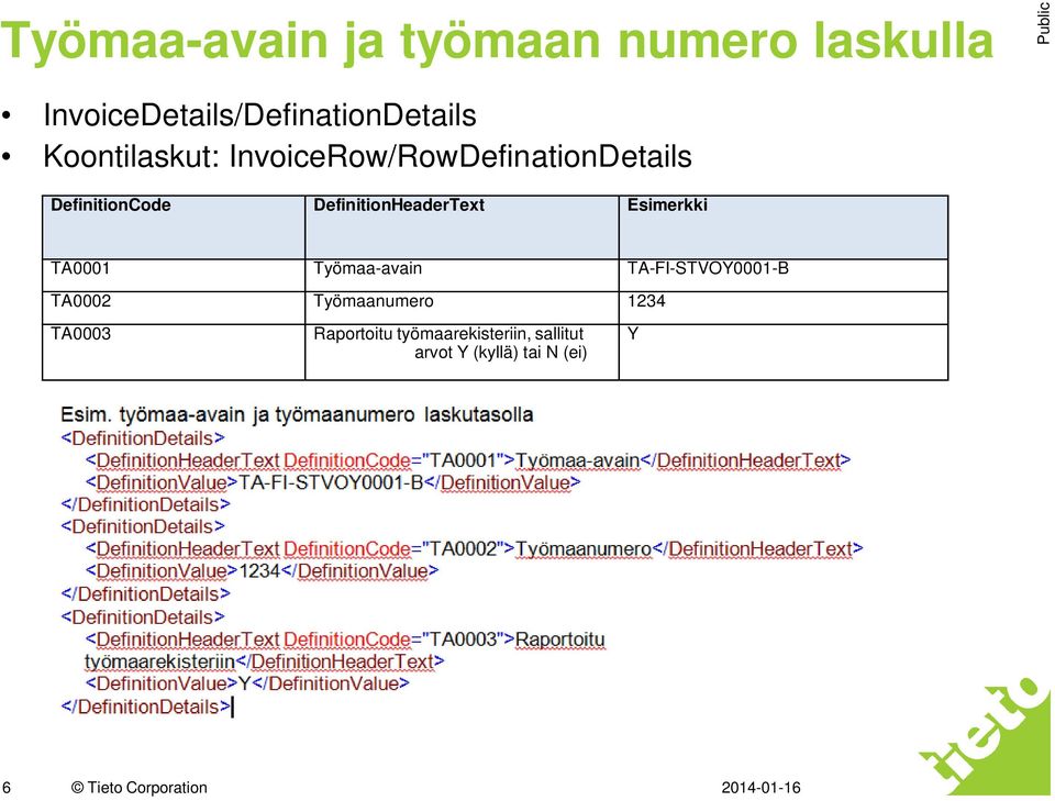 Esimerkki TA0001 Työmaa-avain TA-FI-STVOY0001-B TA0002 Työmaanumero 1234 TA0003