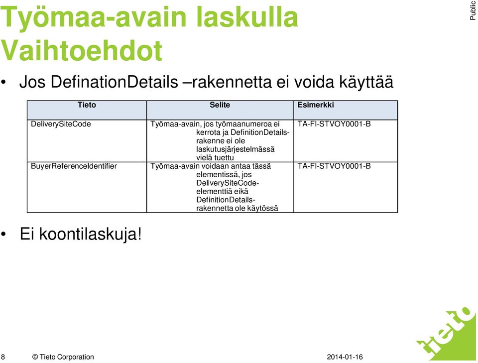 Työmaa-avain, jos työmaanumeroa ei kerrota ja DefinitionDetailsrakenne ei ole laskutusjärjestelmässä vielä tuettu