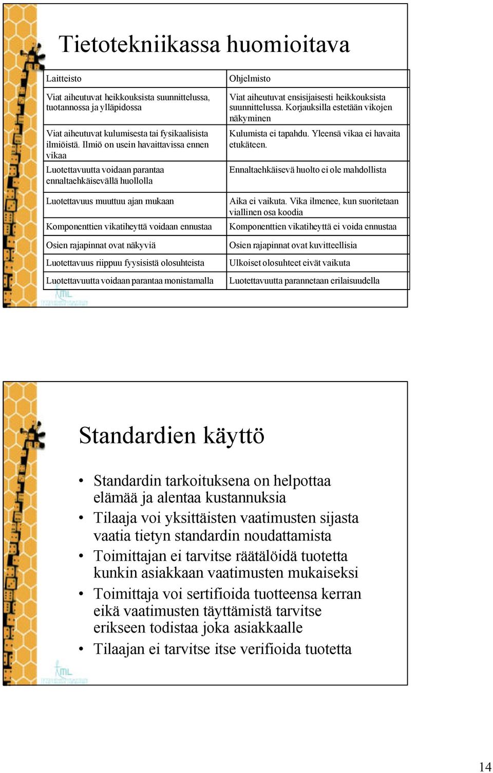 ovat näkyviä Luotettavuus riippuu fyysisistä olosuhteista Luotettavuutta voidaan parantaa monistamalla Ohjelmisto Viat aiheutuvat ensisijaisesti heikkouksista suunnittelussa.