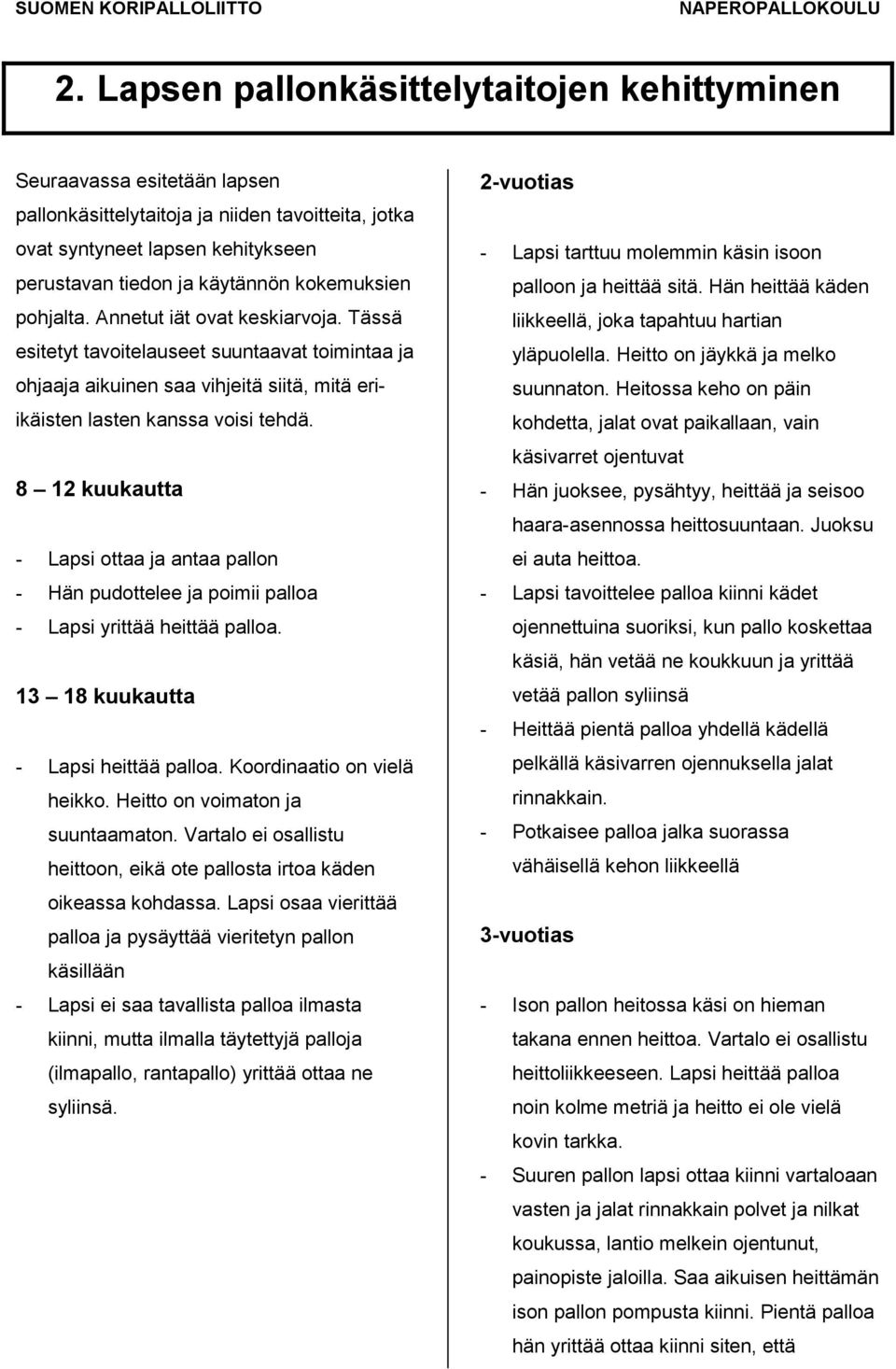 8 12 kuukautta - Lapsi ottaa ja antaa pallon - Hän pudottelee ja poimii palloa - Lapsi yrittää heittää palloa. 13 18 kuukautta - Lapsi heittää palloa. Koordinaatio on vielä heikko.