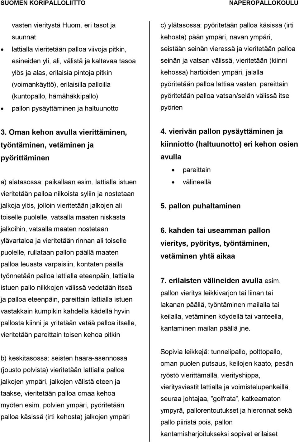 (kuntopallo, hämähäkkipallo) pallon pysäyttäminen ja haltuunotto c) ylätasossa: pyöritetään palloa käsissä (irti kehosta) pään ympäri, navan ympäri, seistään seinän vieressä ja vieritetään palloa