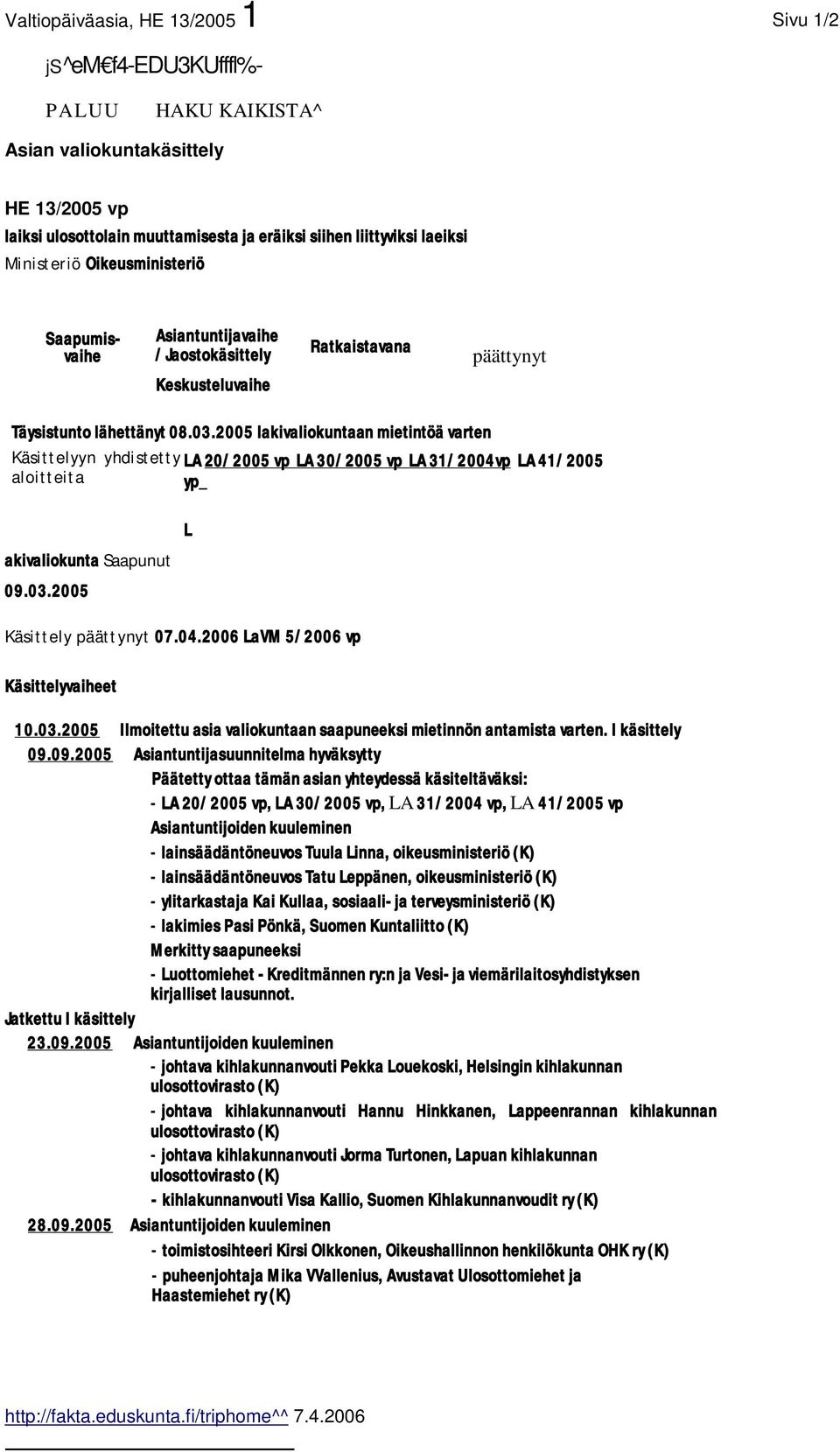 2005 lakivaliokuntaan mietintöä varten Käsittelyyn yhdistetty LA 20/2005 vp LA 30/2005 vp LA 31/2004vp LA 41/2005 aloitteita yp_ akivaliokunta Saapunut 09.03.2005 L Käsittely päättynyt 07.04.2006 LaVM 5/2006 vp Käsittelyvaiheet 10.