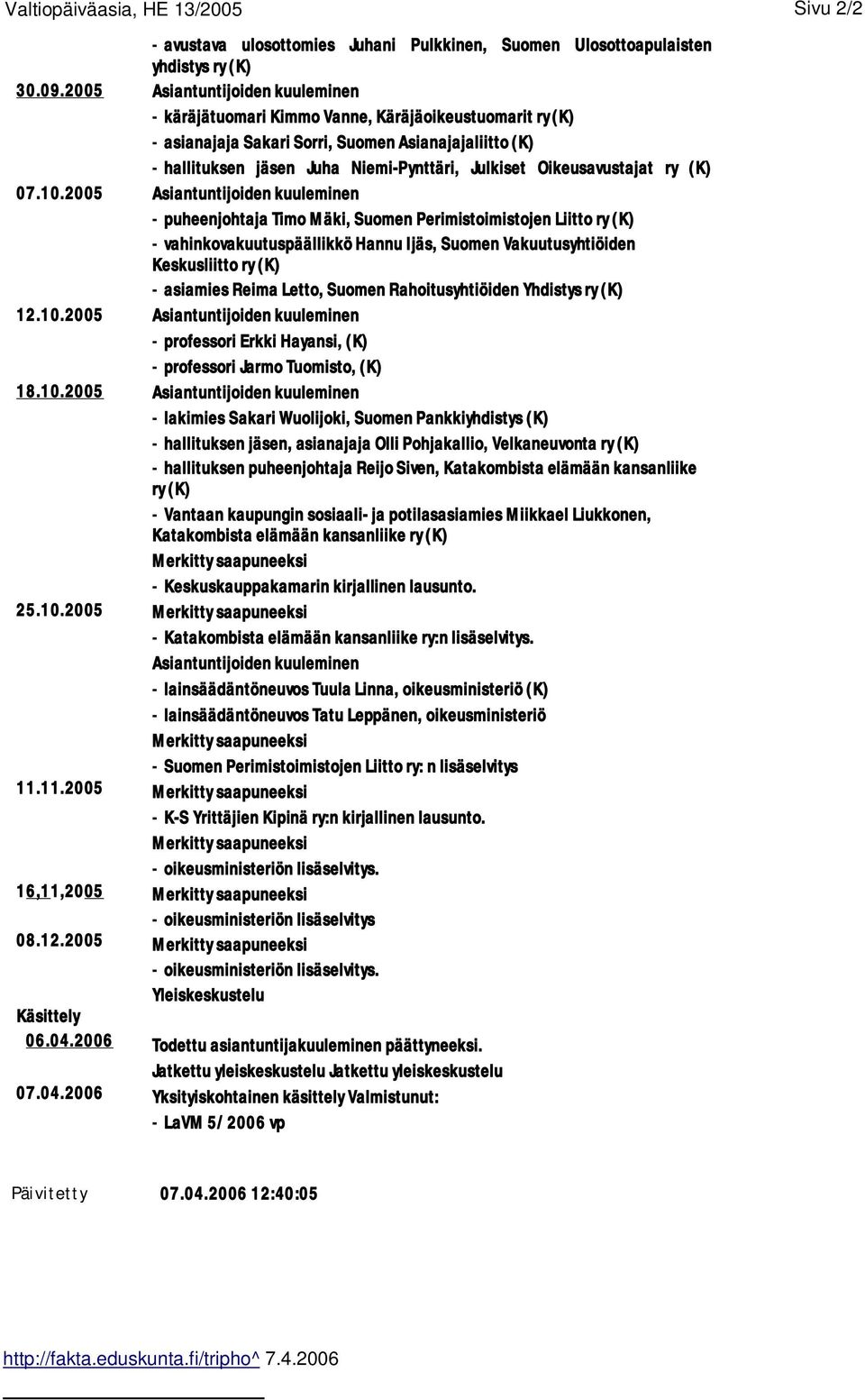 2006 - avustava ulosottomies Juhani Pulkkinen, Suomen Ulosottoapulaisten yhdistys ry (K) Asiantuntijoiden kuuleminen - käräjätuomari Kimmo Vanne, Käräjäoikeustuomarit ry (K) - asianajaja Sakari