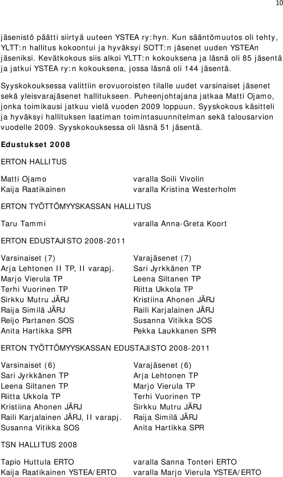 Syyskokouksessa valittiin erovuoroisten tilalle uudet varsinaiset jäsenet sekä yleisvarajäsenet hallitukseen. Puheenjohtajana jatkaa Matti Ojamo, jonka toimikausi jatkuu vielä vuoden 2009 loppuun.