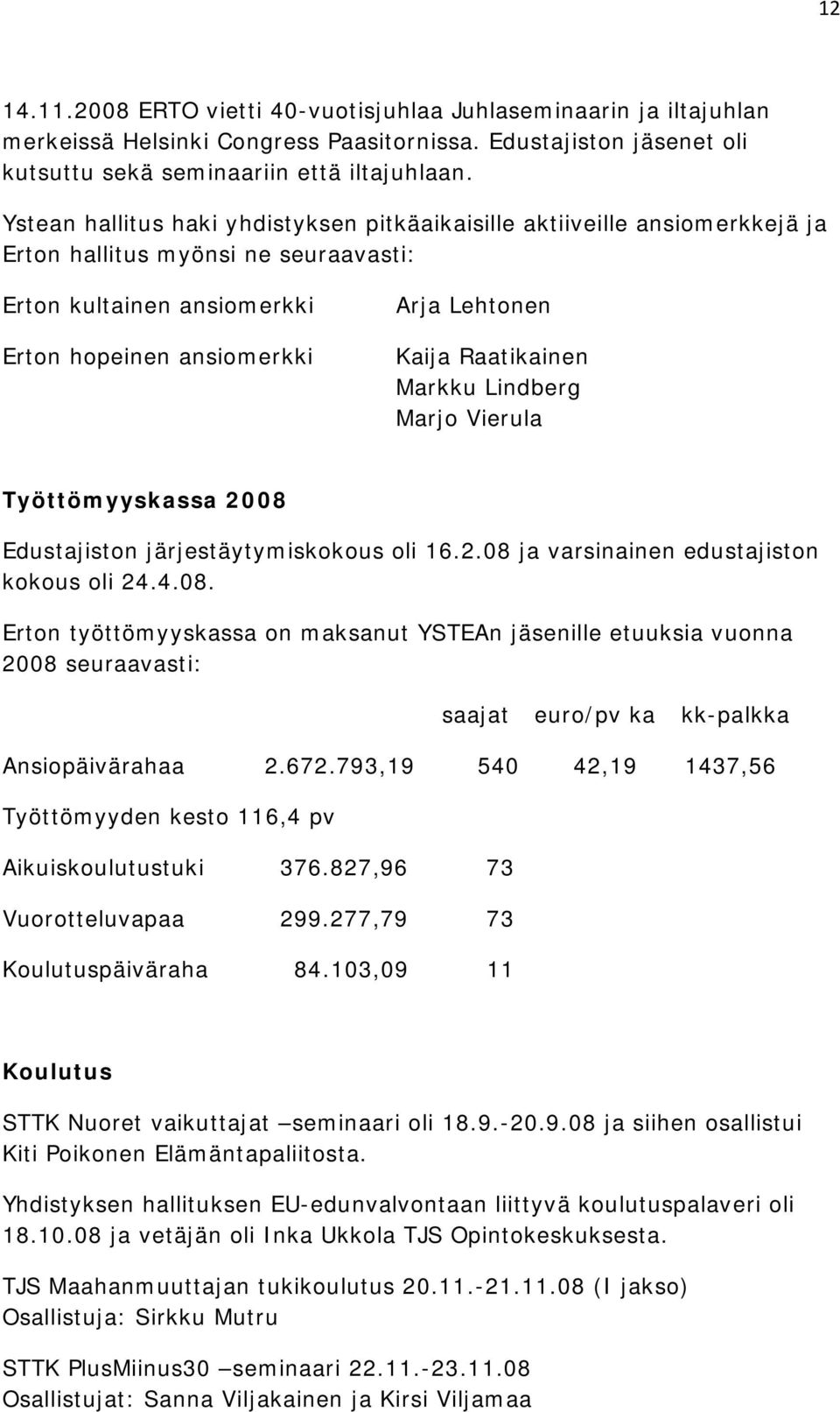 Raatikainen Markku Lindberg Marjo Vierula Työttömyyskassa 2008 Edustajiston järjestäytymiskokous oli 16.2.08 ja varsinainen edustajiston kokous oli 24.4.08. Erton työttömyyskassa on maksanut YSTEAn jäsenille etuuksia vuonna 2008 seuraavasti: saajat euro/pv ka kk-palkka Ansiopäivärahaa 2.