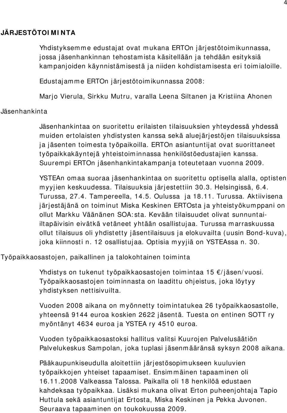 Edustajamme ERTOn järjestötoimikunnassa 2008: Marjo Vierula, Sirkku Mutru, varalla Leena Siltanen ja Kristiina Ahonen Jäsenhankintaa on suoritettu erilaisten tilaisuuksien yhteydessä yhdessä muiden