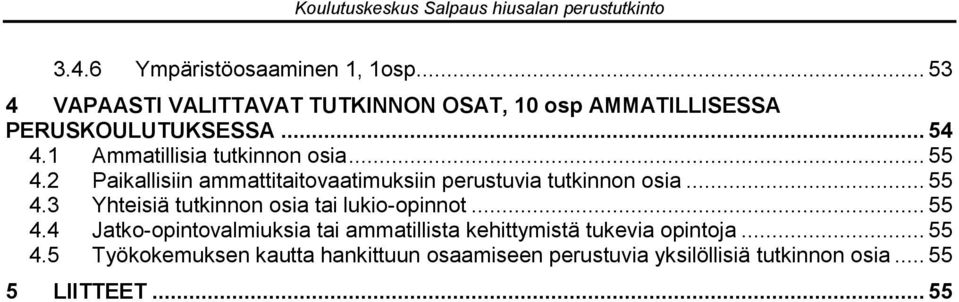 .. 55 4.4 Jatko-opintovalmiuksia tai ammatillista kehittymistä tukevia opintoja... 55 4.5 Työkokemuksen kautta hankittuun osaamiseen perustuvia yksilöllisiä tutkinnon osia.