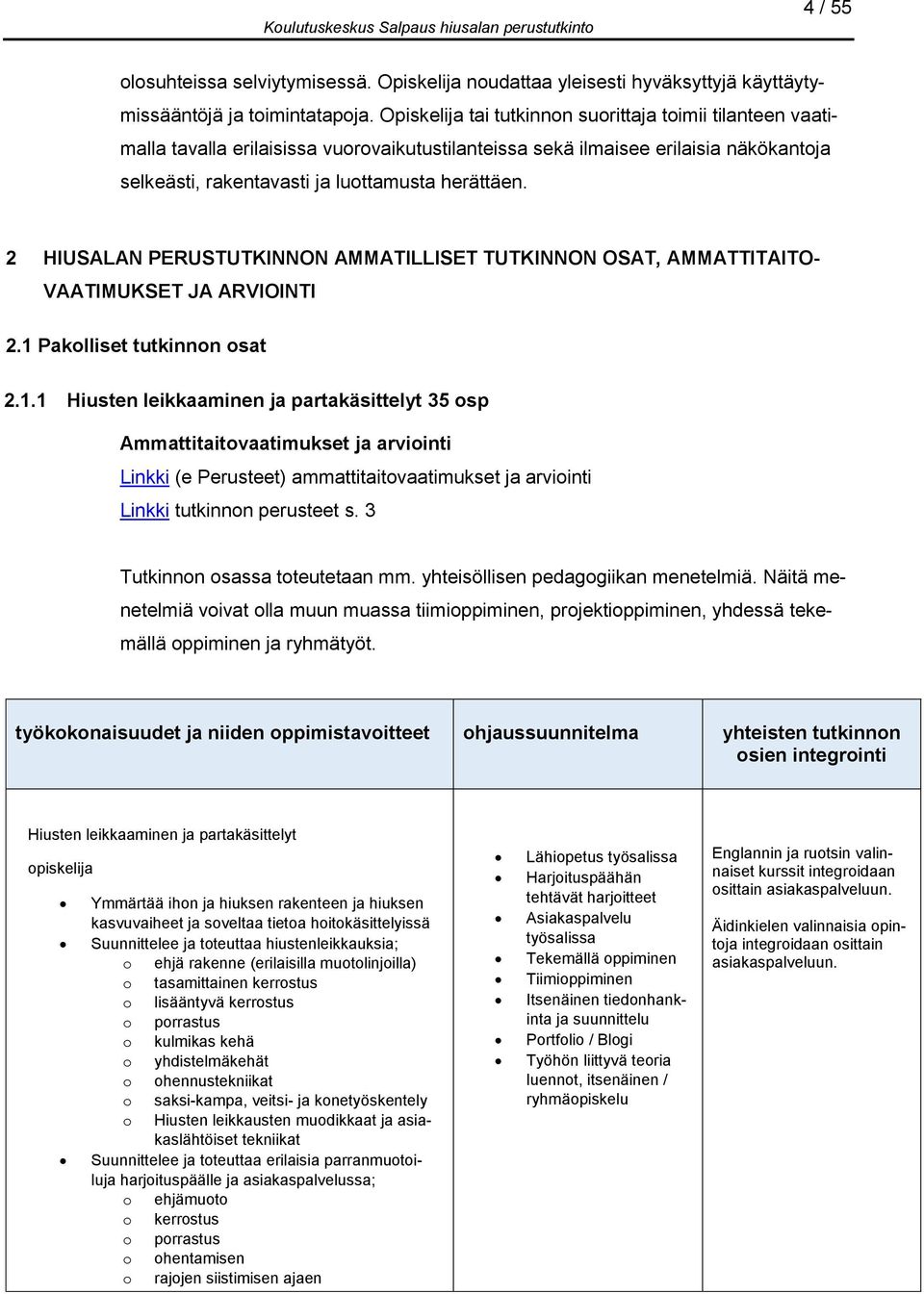 2 HIUSALAN PERUSTUTKINNON AMMATILLISET TUTKINNON OSAT, AMMATTITAITO- VAATIMUKSET JA ARVIOINTI 2.1 