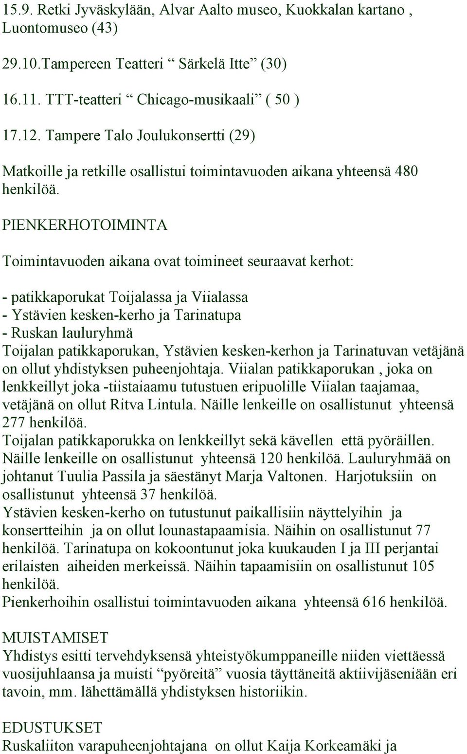 PIENKERHOTOIMINTA Toimintavuoden aikana ovat toimineet seuraavat kerhot: - patikkaporukat Toijalassa ja Viialassa - Ystävien kesken-kerho ja Tarinatupa - Ruskan lauluryhmä Toijalan patikkaporukan,