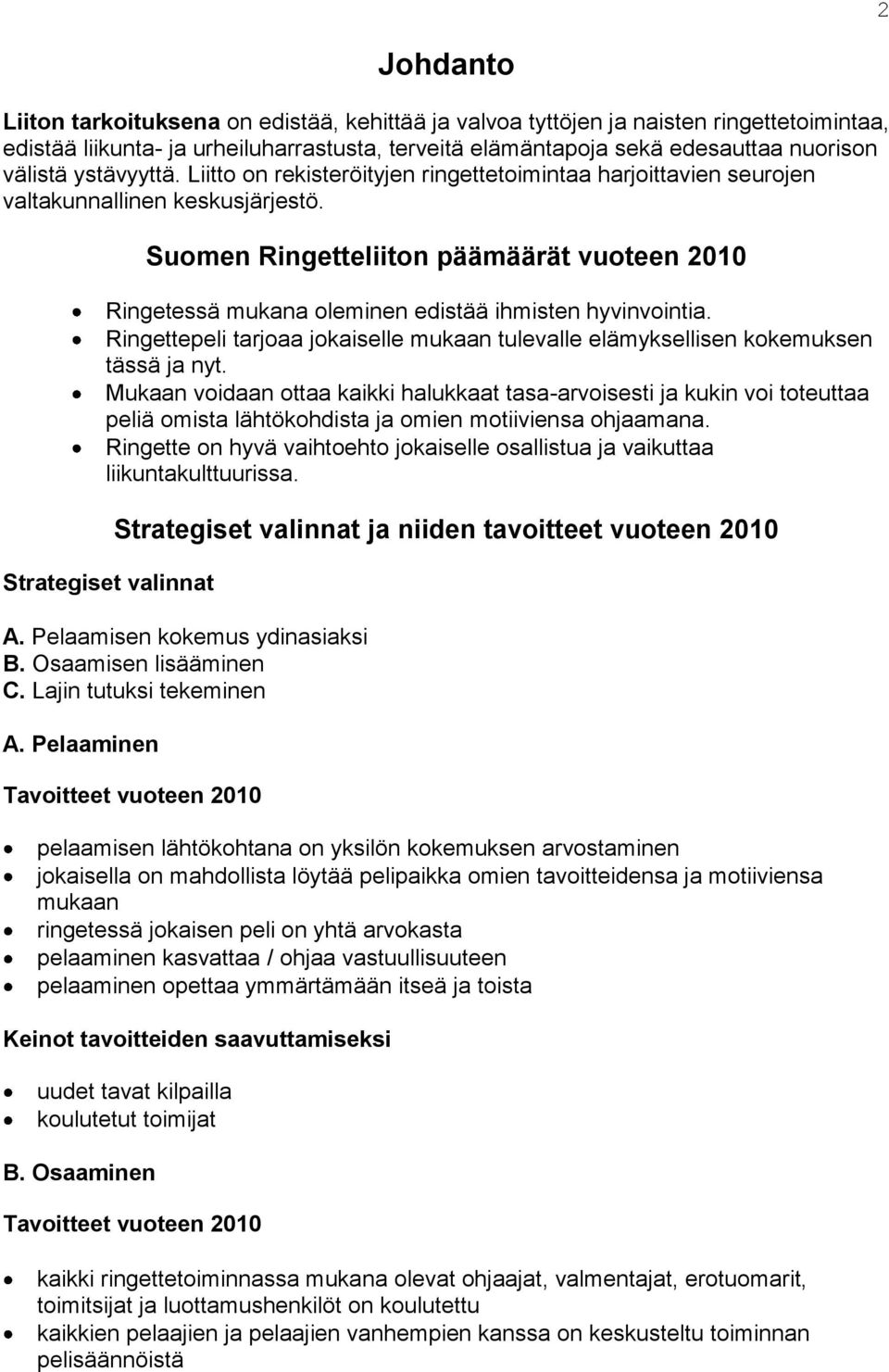 Suomen Ringetteliiton päämäärät vuoteen 2010 Ringetessä mukana oleminen edistää ihmisten hyvinvointia. Ringettepeli tarjoaa jokaiselle mukaan tulevalle elämyksellisen kokemuksen tässä ja nyt.