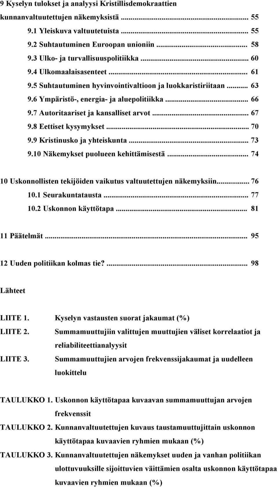 7 Autoritaariset ja kansalliset arvot... 67 9.8 Eettiset kysymykset... 70 9.9 Kristinusko ja yhteiskunta... 73 9.10 Näkemykset puolueen kehittämisestä.