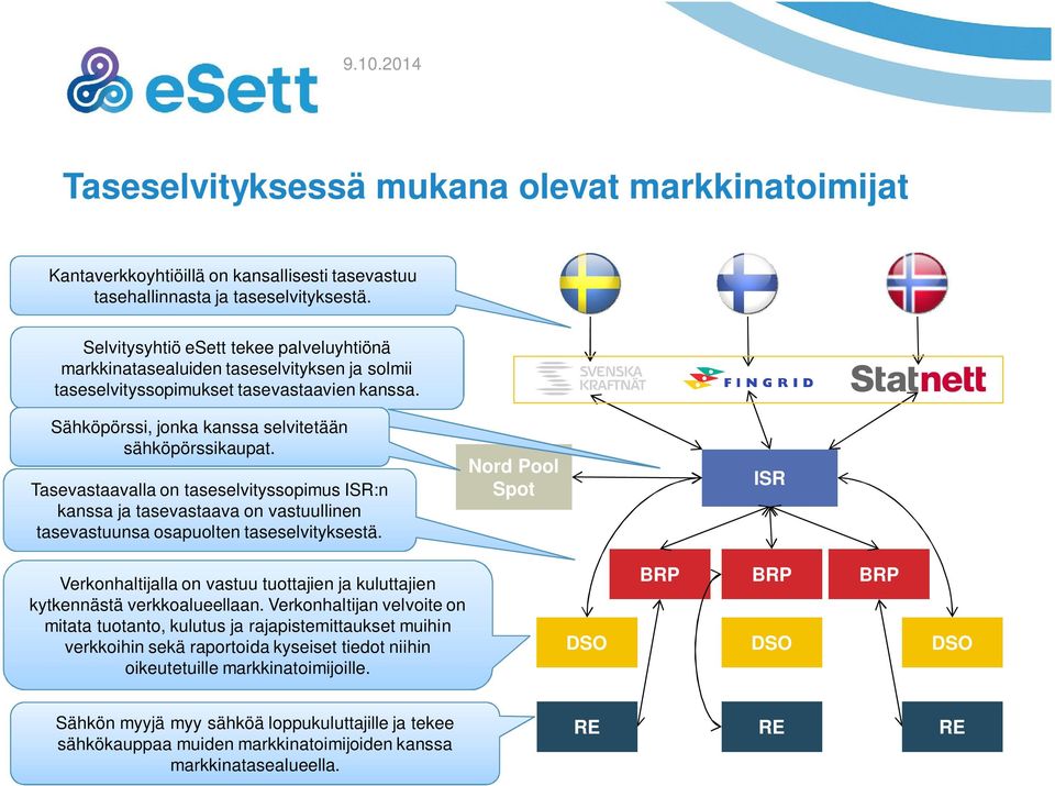 Tasevastaavalla on taseselvityssopimus ISR:n kanssa ja tasevastaava on vastuullinen tasevastuunsa osapuolten taseselvityksestä.