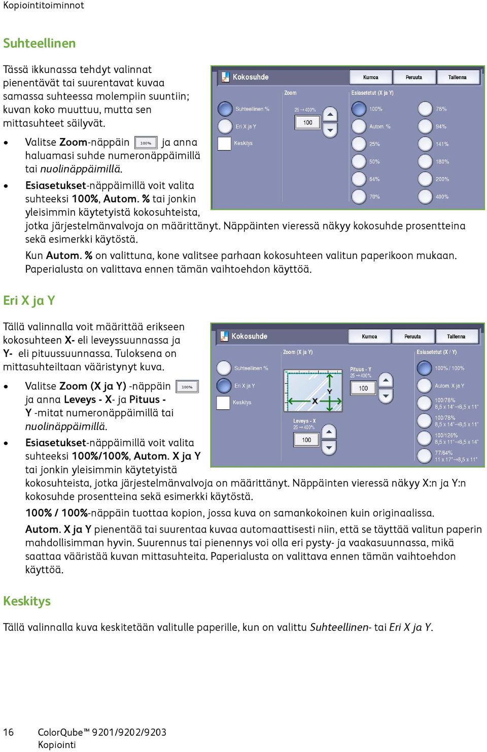 % tai jonkin yleisimmin käytetyistä kokosuhteista, jotka järjestelmänvalvoja on määrittänyt. Näppäinten vieressä näkyy kokosuhde prosentteina sekä esimerkki käytöstä. Kun Autom.