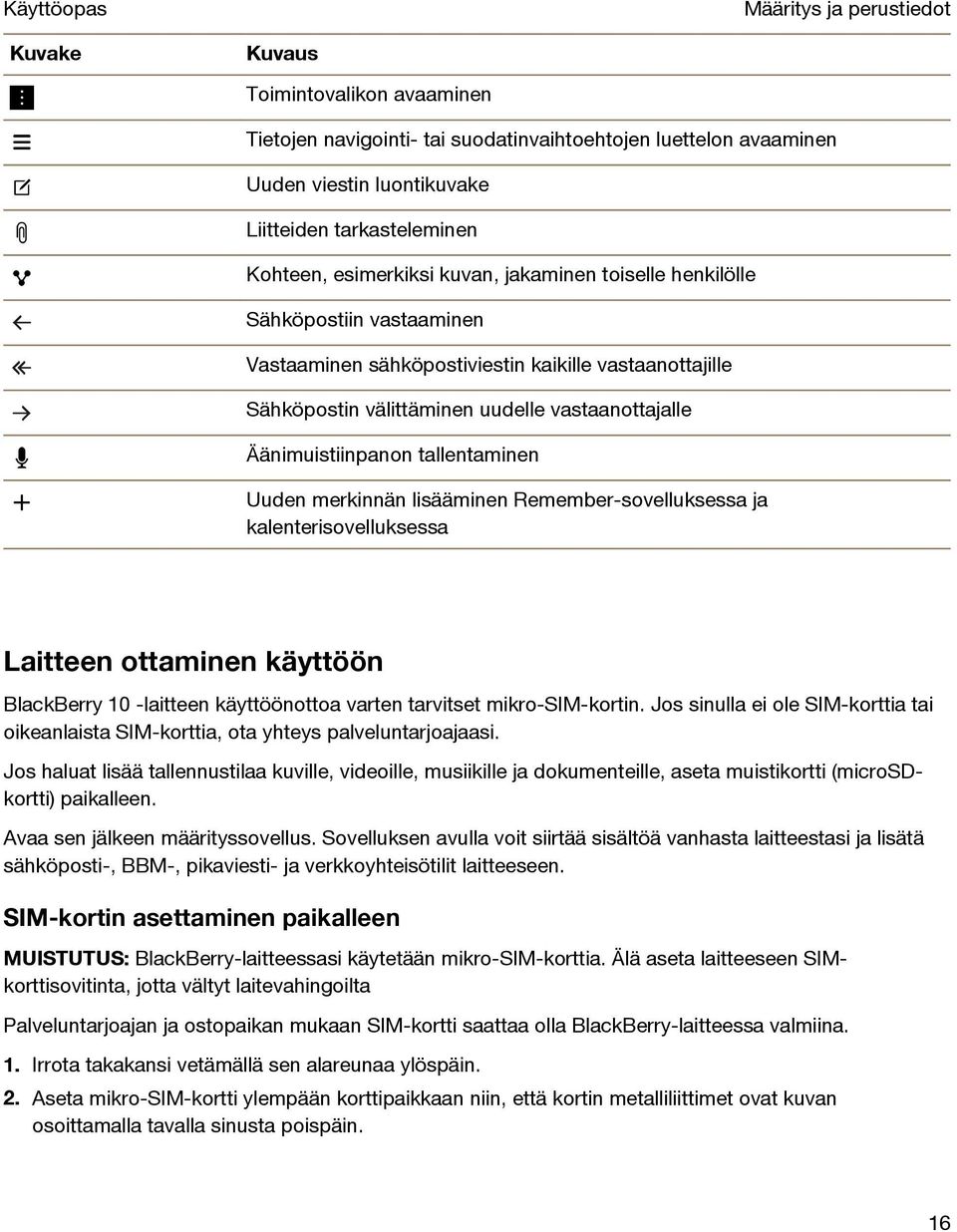 tallentaminen Uuden merkinnän lisääminen Remember-sovelluksessa ja kalenterisovelluksessa Laitteen ottaminen käyttöön BlackBerry 10 -laitteen käyttöönottoa varten tarvitset mikro-sim-kortin.