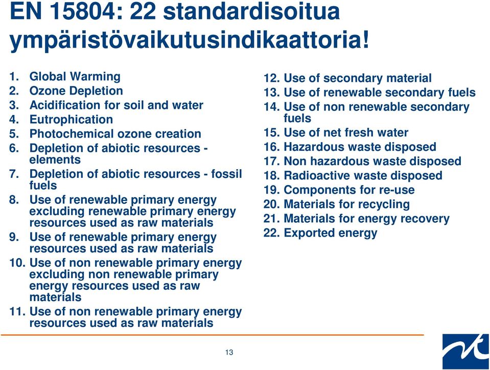 Use of renewable primary energy resources used as raw materials 10. Use of non renewable primary energy excluding non renewable primary energy resources used as raw materials 11.