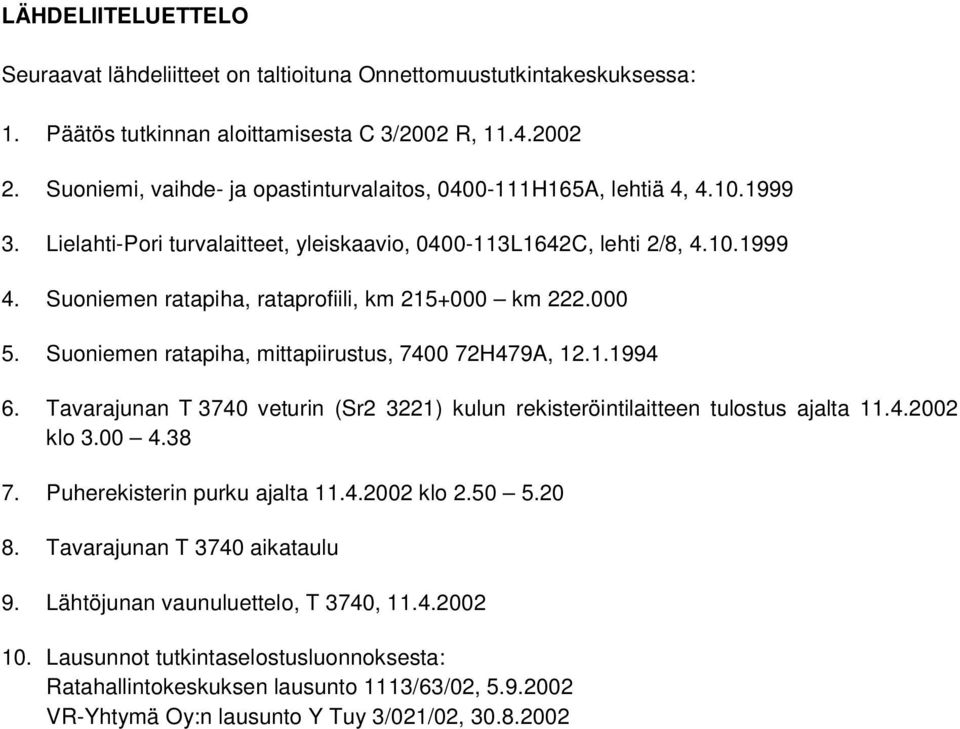 Suoniemen ratapiha, rataprofiili, km 215+000 km 222.000 5. Suoniemen ratapiha, mittapiirustus, 7400 72H479A, 12.1.1994 6.