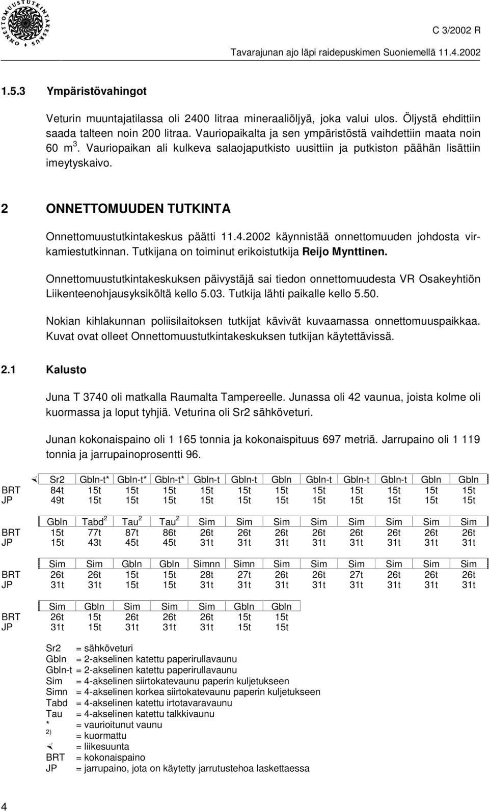 2 ONNETTOMUUDEN TUTKINTA Onnettomuustutkintakeskus päätti 11.4.2002 käynnistää onnettomuuden johdosta virkamiestutkinnan. Tutkijana on toiminut erikoistutkija Reijo Mynttinen.