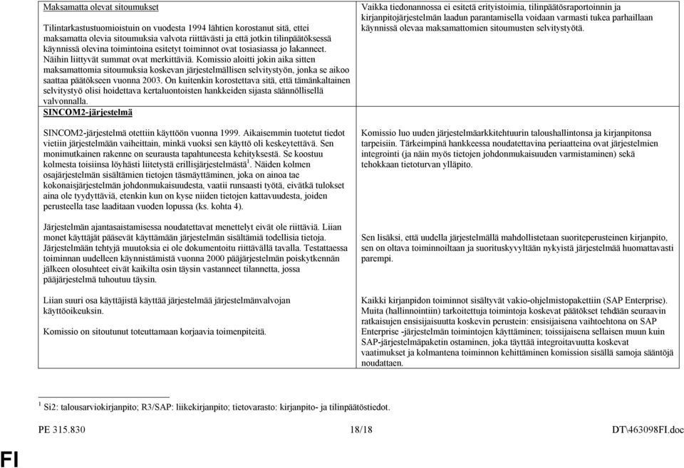 Komissio aloitti jokin aika sitten maksamattomia sitoumuksia koskevan järjestelmällisen selvitystyön, jonka se aikoo saattaa päätökseen vuonna 2003.