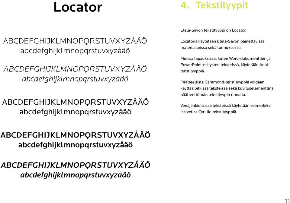 käytetään Etelä-Savon painettavissa materiaaleissa sekä tunnuksessa. Muissa tapauksissa, kuten Word-dokumenttien ja PowerPoint-esitysten teksteissä, käytetään Arialtekstityyppiä.