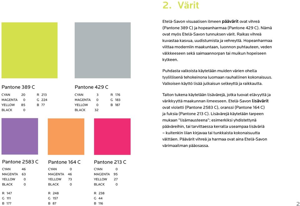 Puhdasta valkoista käytetään muiden värien ohella tyylillisenä tehokeinona luomaan rauhallinen kokonaisuus. Pantone 389 C Pantone 429 C Valkoisen käyttö lisää julkaisun selkeyttä ja raikkautta.