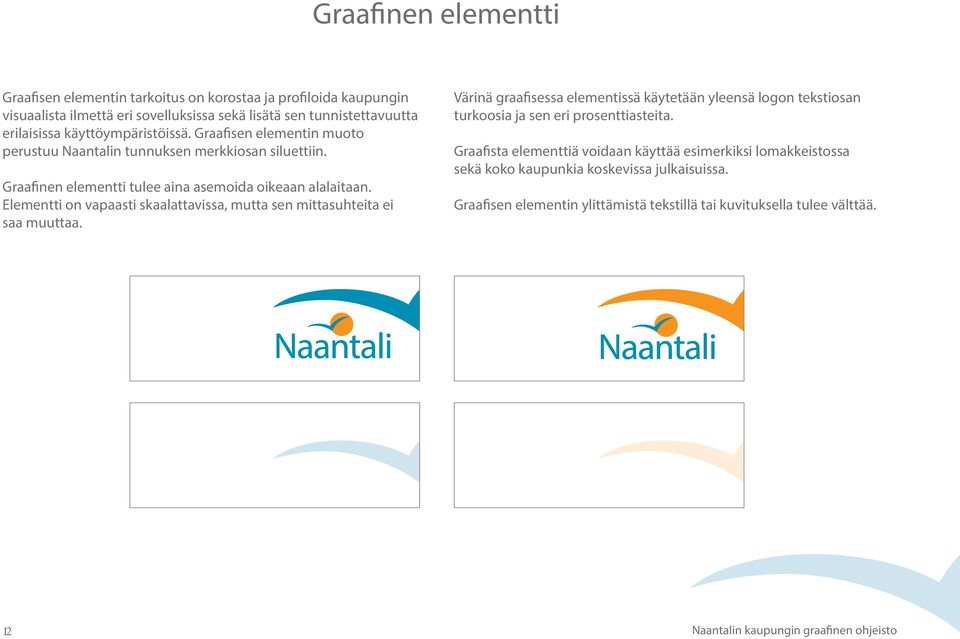 Elementti on vapaasti skaalattavissa, mutta sen mittasuhteita ei saa muuttaa. Värinä graafisessa elementissä käytetään yleensä logon tekstiosan turkoosia ja sen eri prosenttiasteita.