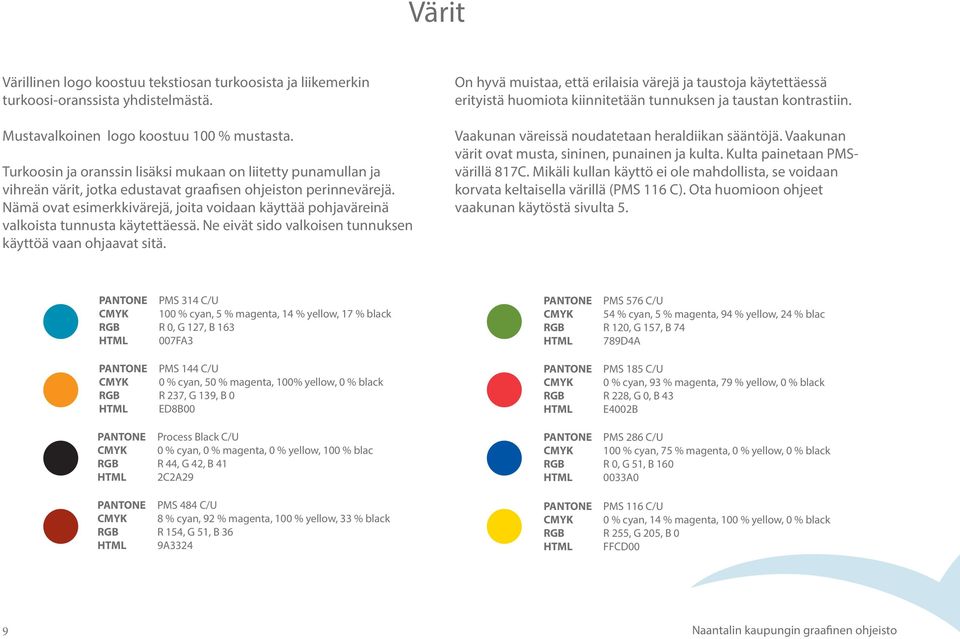 Nämä ovat esimerkkivärejä, joita voidaan käyttää pohjaväreinä valkoista tunnusta käytettäessä. Ne eivät sido valkoisen tunnuksen käyttöä vaan ohjaavat sitä.