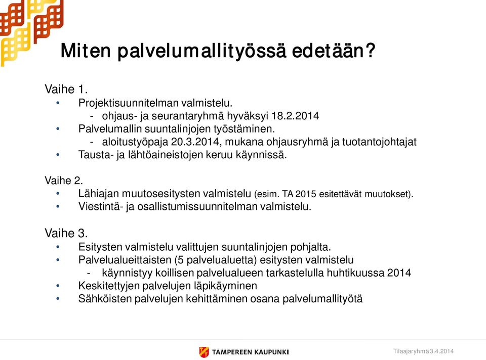 TA 2015 esitettävät muutokset). Viestintä- ja osallistumissuunnitelman valmistelu. Vaihe 3. Esitysten valmistelu valittujen suuntalinjojen pohjalta.