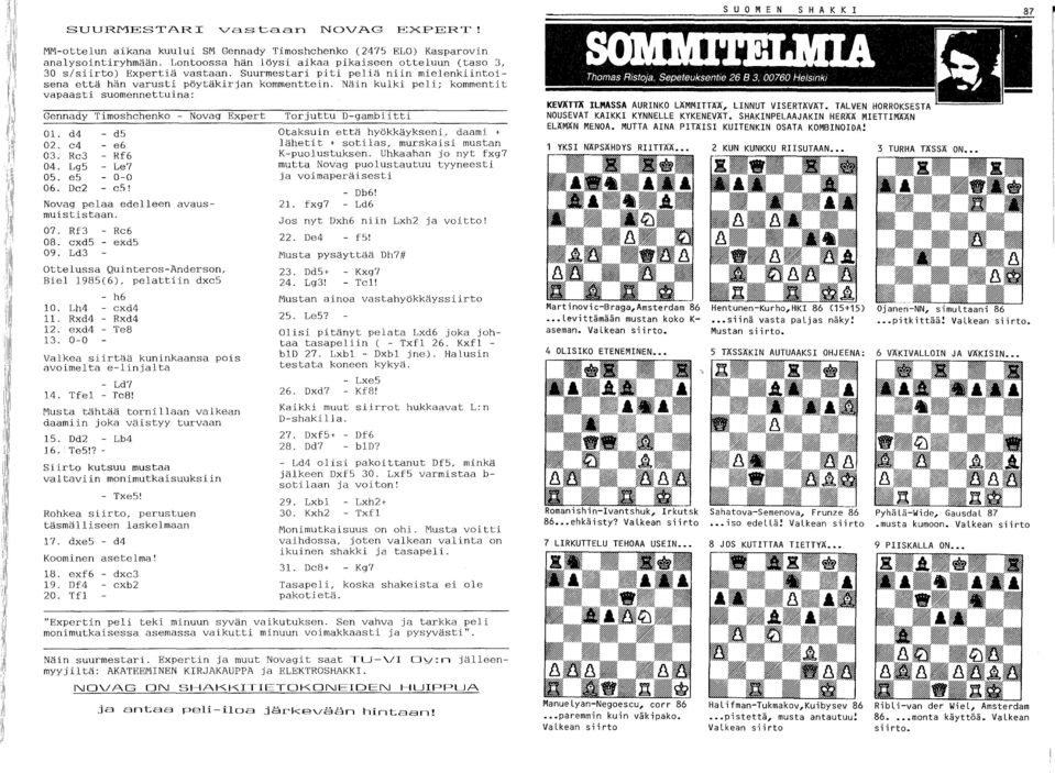 Näin kulki peli; kommentit vapaasti suomennettuina: Gennady Timoshehenko - Novag OI. d4 - ds 02. e4 - e6 03. Re3 - Rf6 04. LgS - Le7 OS. es 0-0 06. De2 - e5! Novag pelaa edelleen avausmuististaan. 07.