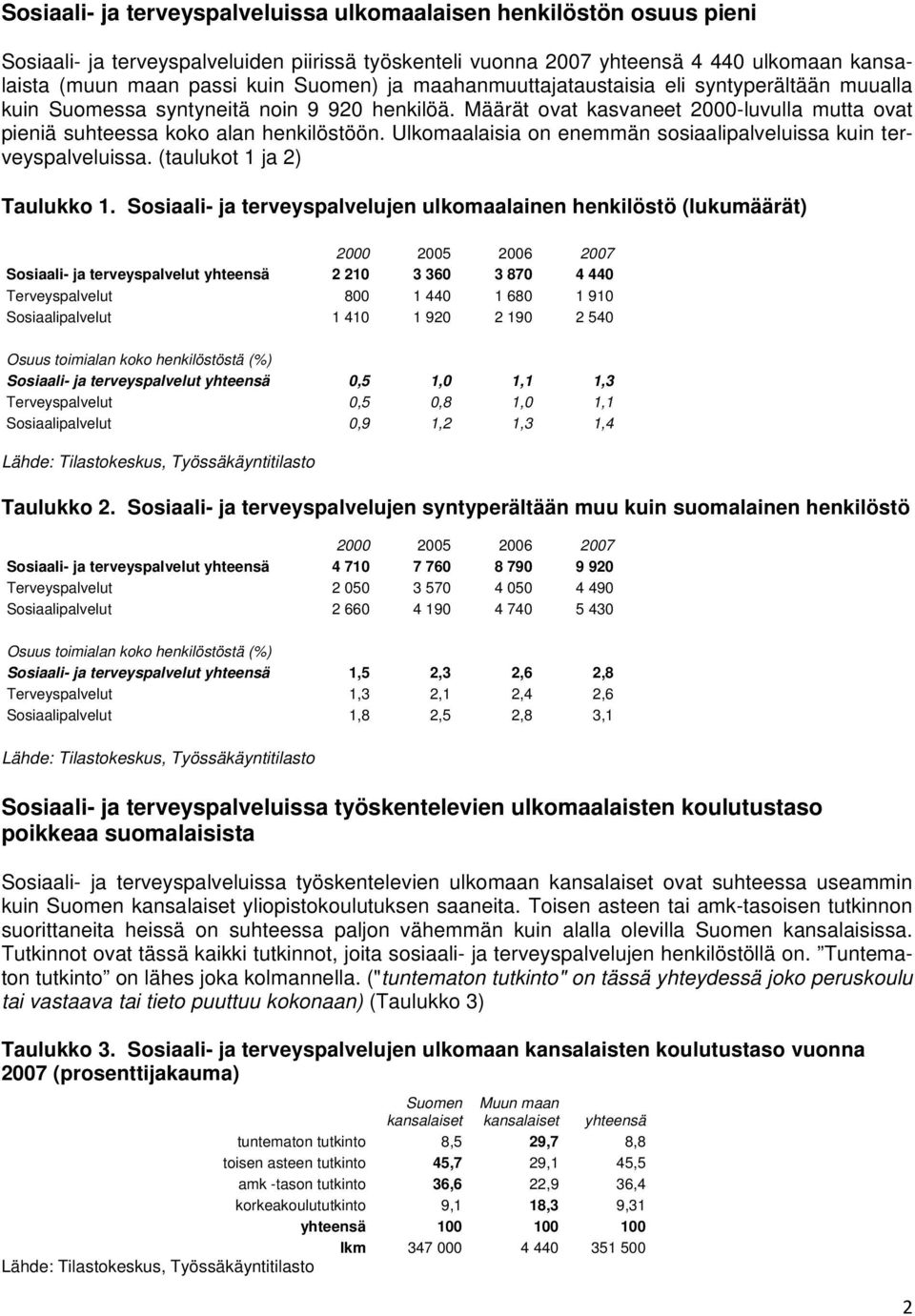 Ulkomaalaisia on enemmän sosiaalipalveluissa kuin terveyspalveluissa. (taulukot 1 ja 2) Taulukko 1.