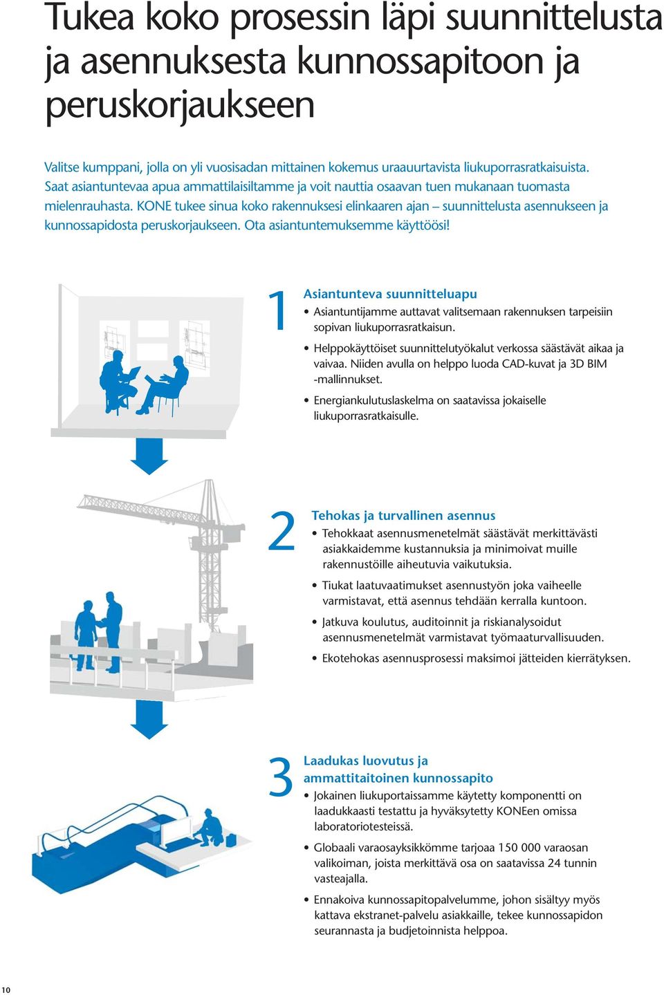 KONE tukee sinua koko rakennuksesi elinkaaren ajan suunnittelusta asennukseen ja kunnossapidosta peruskorjaukseen. Ota asiantuntemuksemme käyttöösi!