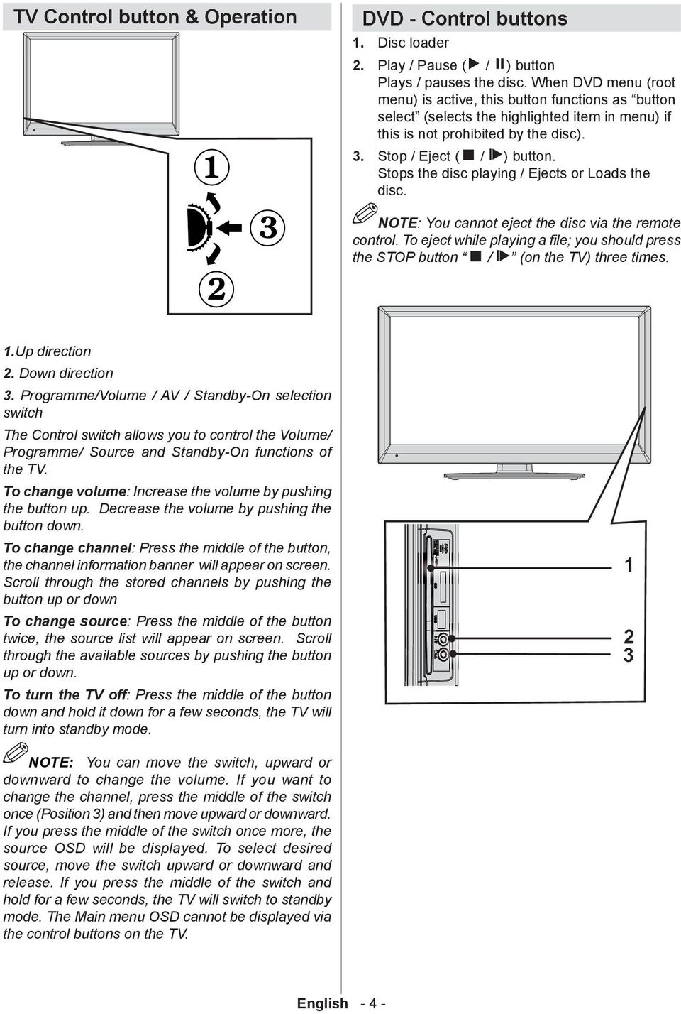 Stops the disc playing / Ejects or Loads the disc. NOTE: You cannot eject the disc via the remote control. To eject while playing a fi le; you should press the STOP button / (on the TV) three times.