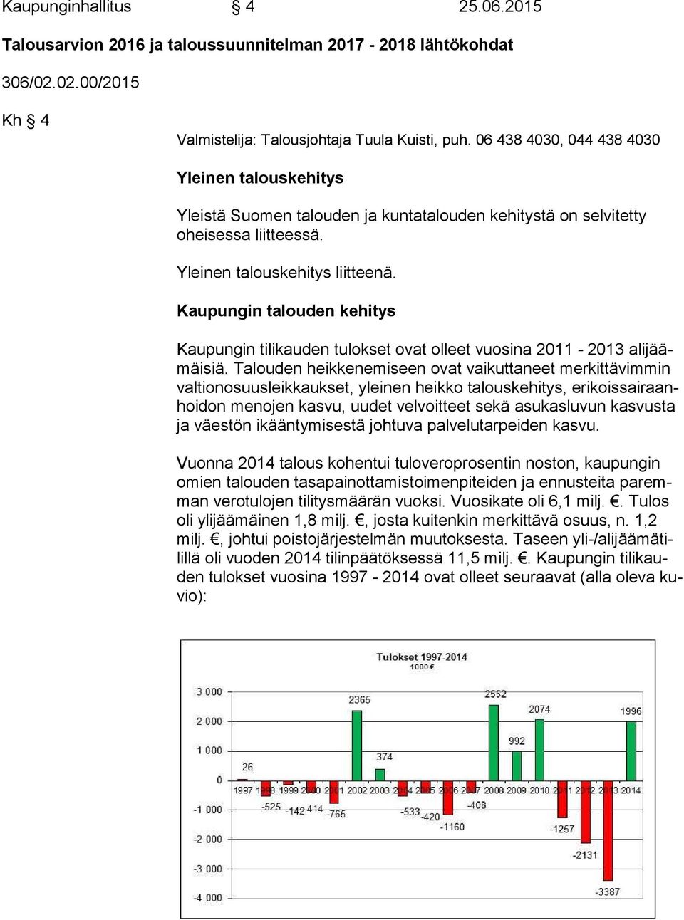 Kaupungin talouden kehitys Kaupungin tilikauden tulokset ovat olleet vuosina 2011-2013 ali jäämäi siä.