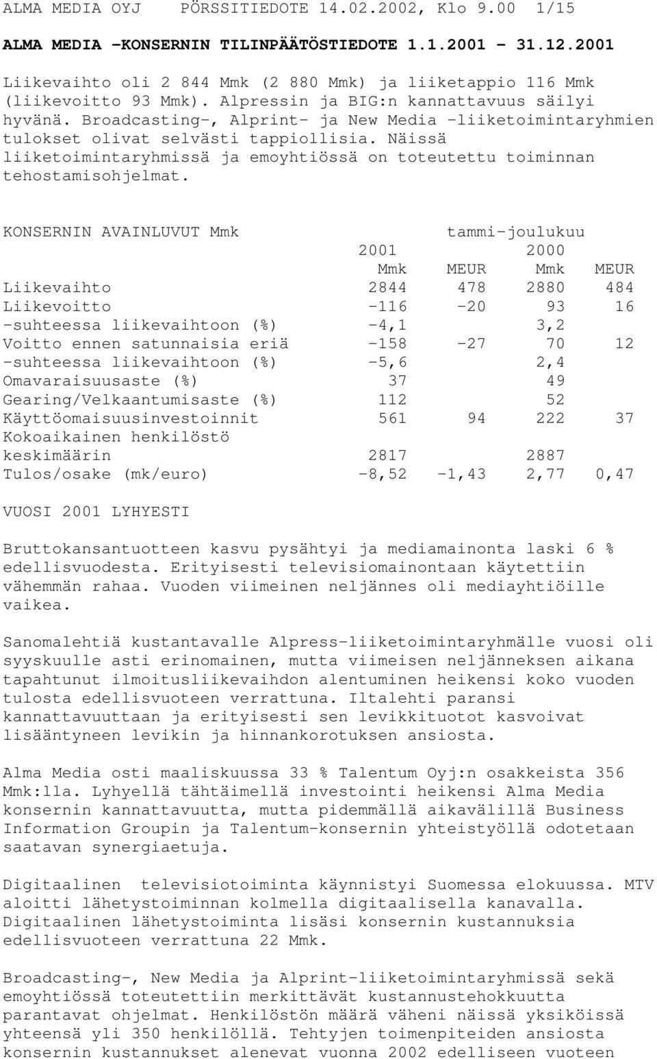 Näissä liiketoimintaryhmissä ja emoyhtiössä on toteutettu toiminnan tehostamisohjelmat.