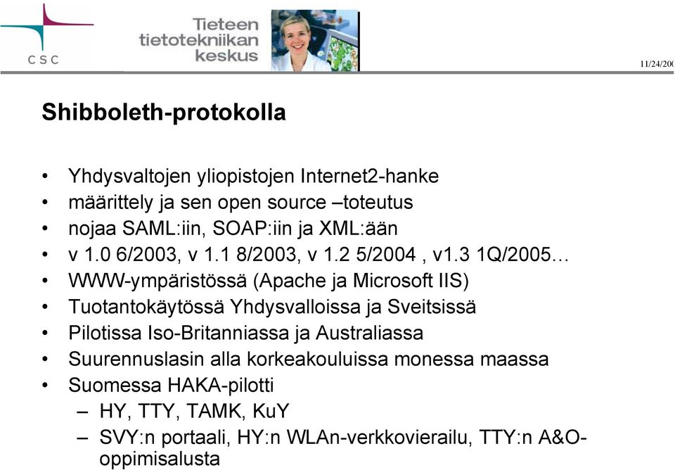 3 1Q/2005 WWW-ympäristössä (Apache ja Microsoft IIS) Tuotantokäytössä Yhdysvalloissa ja Sveitsissä Pilotissa