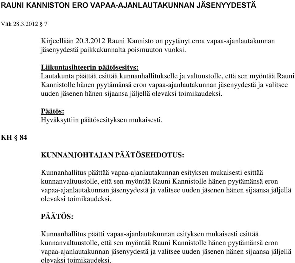 uuden jäsenen hänen sijaansa jäljellä olevaksi toimikaudeksi. Päätös: Hyväksyttiin päätösesityksen mukaisesti.