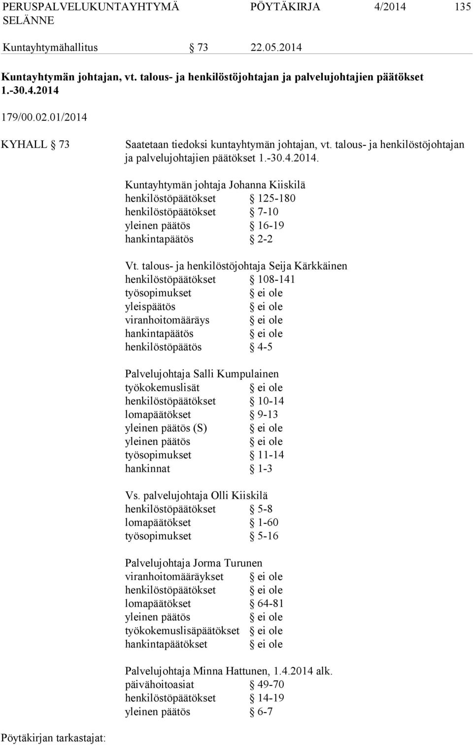 talous- ja henkilöstöjohtaja Seija Kärkkäinen henkilöstöpäätökset 108-141 työsopimukset ei ole yleispäätös ei ole viranhoitomääräys ei ole hankintapäätös ei ole henkilöstöpäätös 4-5 Palvelujohtaja