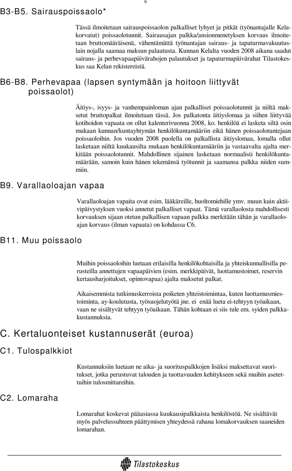 Kunnan Kelalta vuoden 2008 aikana saadut sairaus- ja perhevapaapäivärahojen palautukset ja tapaturmapäivärahat Tilastokeskus saa Kelan rekistereistä. B6-B8.