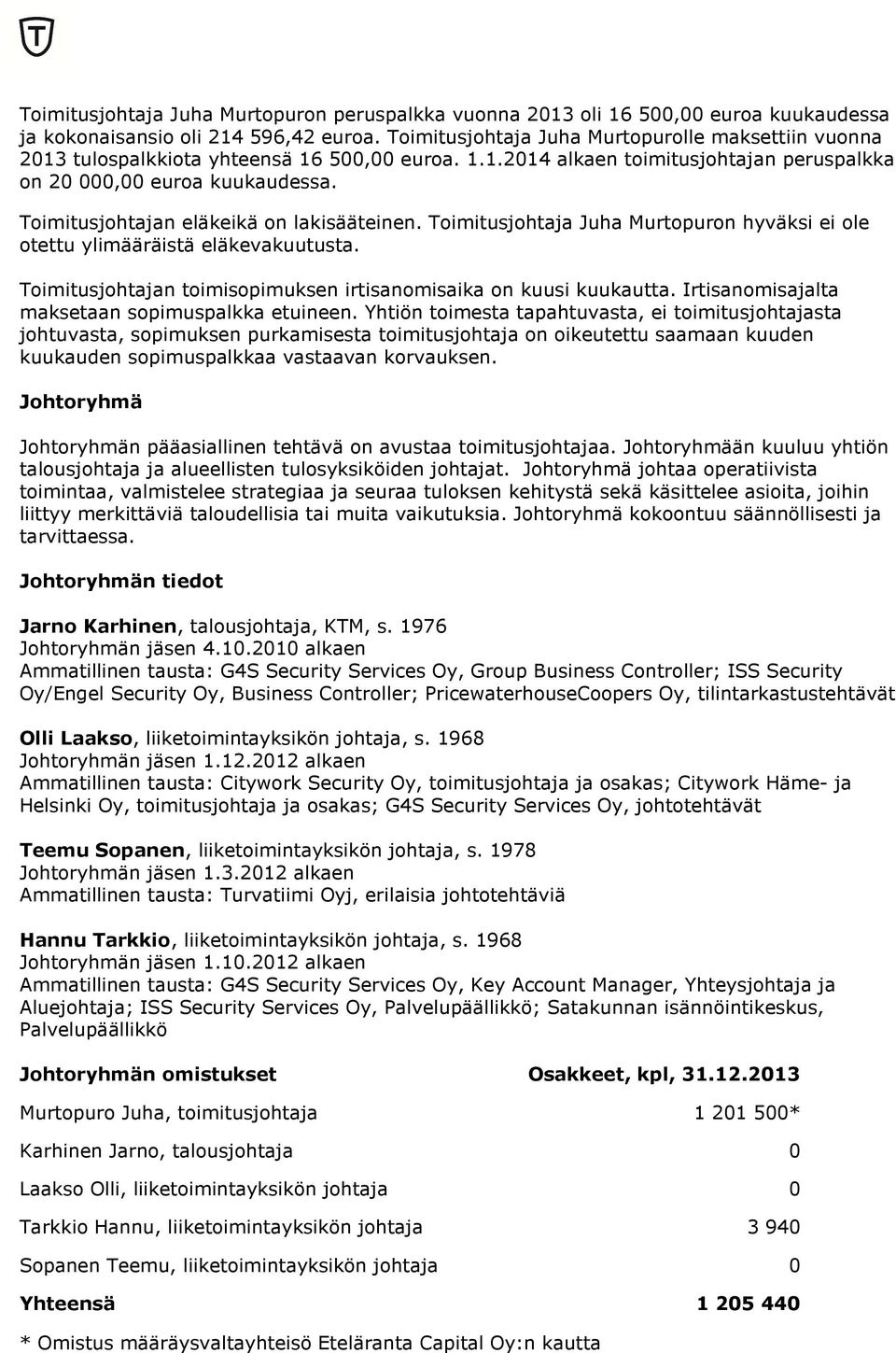 Toimitusjohtajan eläkeikä on lakisääteinen. Toimitusjohtaja Juha Murtopuron hyväksi ei ole otettu ylimääräistä eläkevakuutusta. Toimitusjohtajan toimisopimuksen irtisanomisaika on kuusi kuukautta.