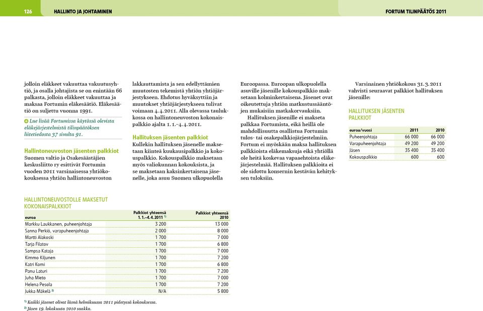 Hallintoneuvoston jäsenten palkkiot Suomen valtio ja Osakesäästäjien keskusliitto ry esittivät Fortumin vuoden 2011 varsinaisessa yhtiökokouksessa yhtiön hallintoneuvoston lakkauttamista ja sen