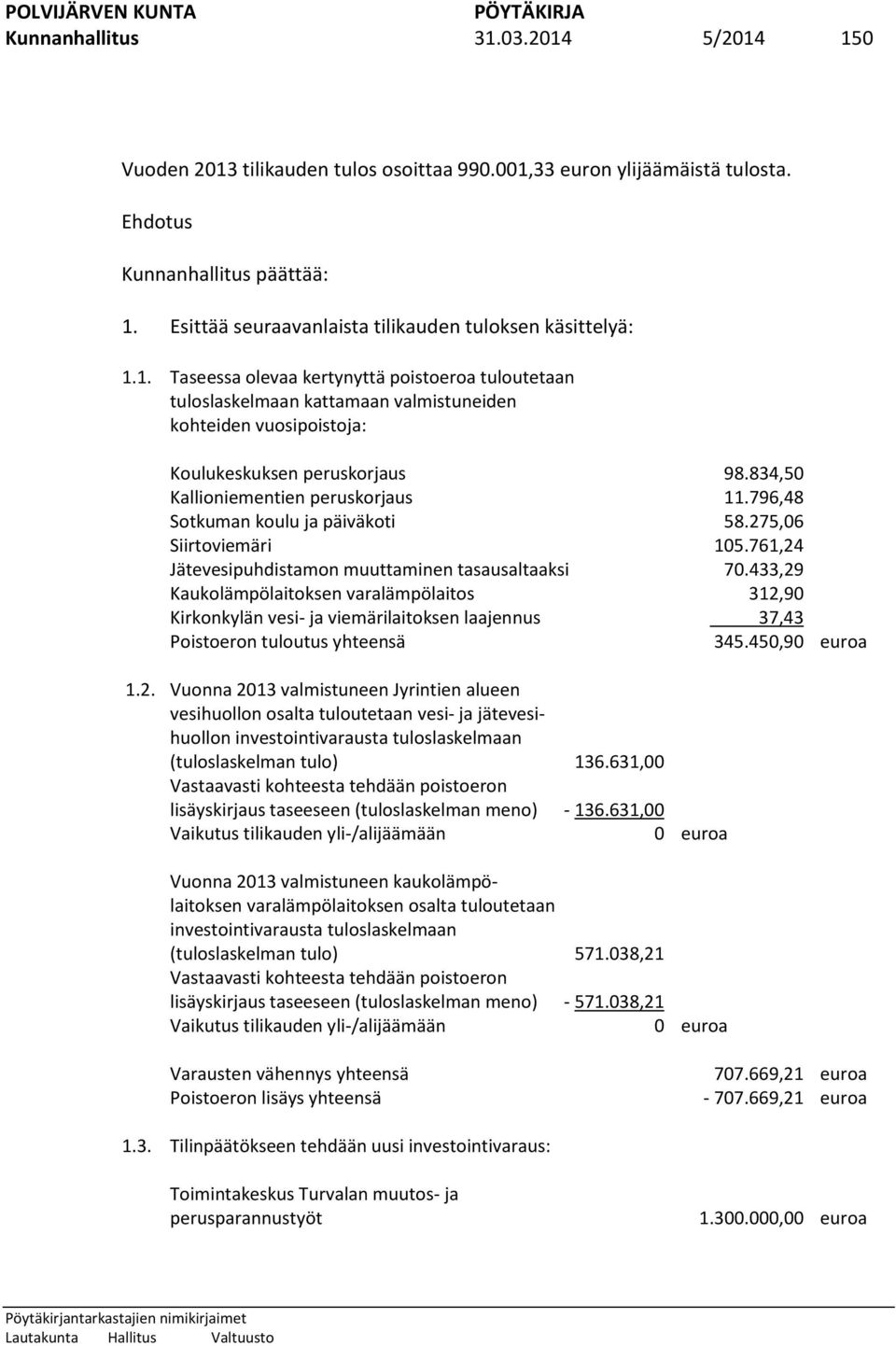 1. Taseessa olevaa kertynyttä poistoeroa tuloutetaan tuloslaskelmaan kattamaan valmistuneiden kohteiden vuosipoistoja: Koulukeskuksen peruskorjaus 98.834,50 Kallioniementien peruskorjaus 11.