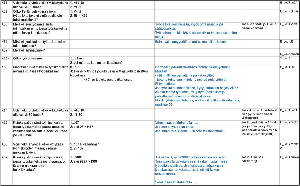 jatkuva 2. vai määräaikainen tai tilapäinen? K63 Montako tuntia viikossa työskentelitte 0 97 normaalisti tässä työpaikassa?