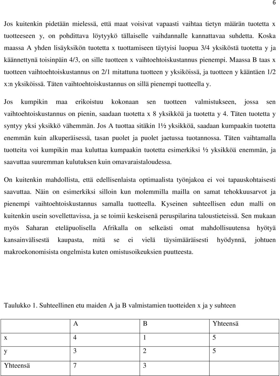 Maassa B taas x tuotteen vaihtoehtoiskustannus on 2/1 mitattuna tuotteen y yksiköissä, ja tuotteen y kääntäen 1/2 x:n yksiköissä. Täten vaihtoehtoiskustannus on sillä pienempi tuotteella y.