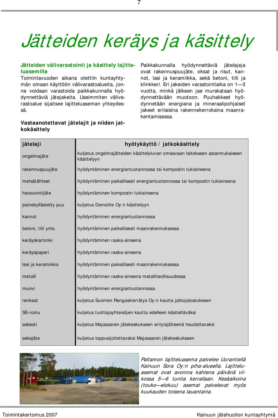 Vastaanotettavat jätelajit ja niiden jatkokäsittely Paikkakunnalla hyödynnettäviä jätelajeja ovat rakennuspuujäte, oksat ja risut, kannot, lasi ja keramiikka, sekä betoni, tiili ja klinkkeri.