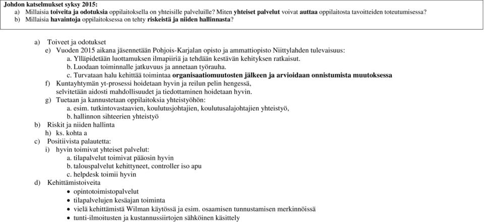a) Toiveet ja odotukset e) Vuoden aikana jäsennetään Pohjois-Karjalan opisto ja ammattiopisto Niittylahden tulevaisuus: a.