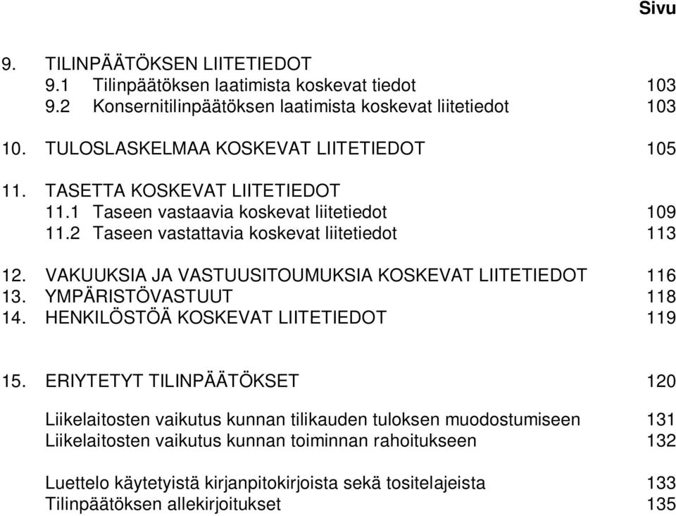 VAKUUKSIA JA VASTUUSITOUMUKSIA KOSKEVAT LIITETIEDOT 116 13. YMPÄRISTÖVASTUUT 118 14. HENKILÖSTÖÄ KOSKEVAT LIITETIEDOT 119 15.