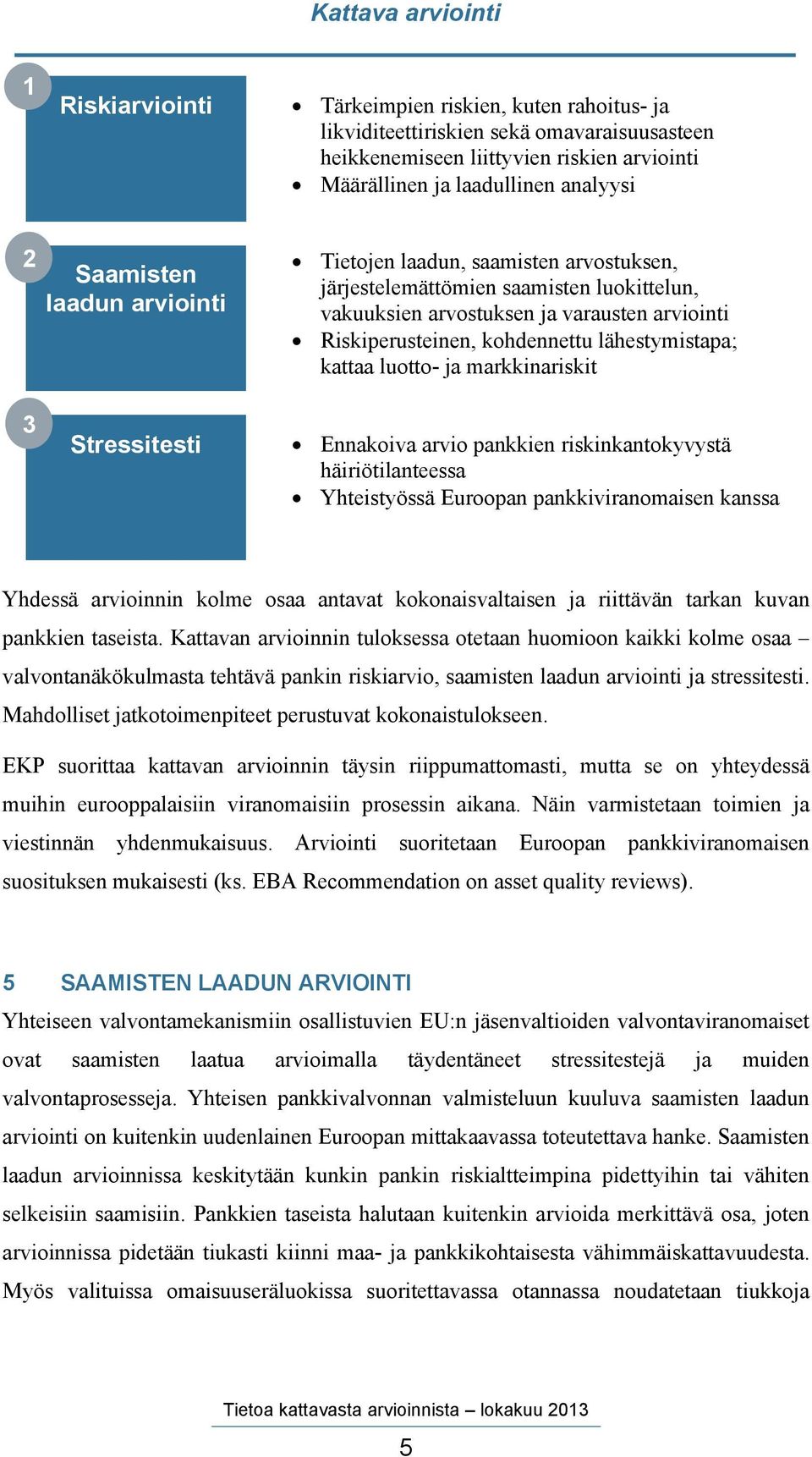 lähestymistapa; kattaa luotto- ja markkinariskit 3 Stressitesti Ennakoiva arvio pankkien riskinkantokyvystä häiriötilanteessa Yhteistyössä Euroopan pankkiviranomaisen kanssa Yhdessä arvioinnin kolme