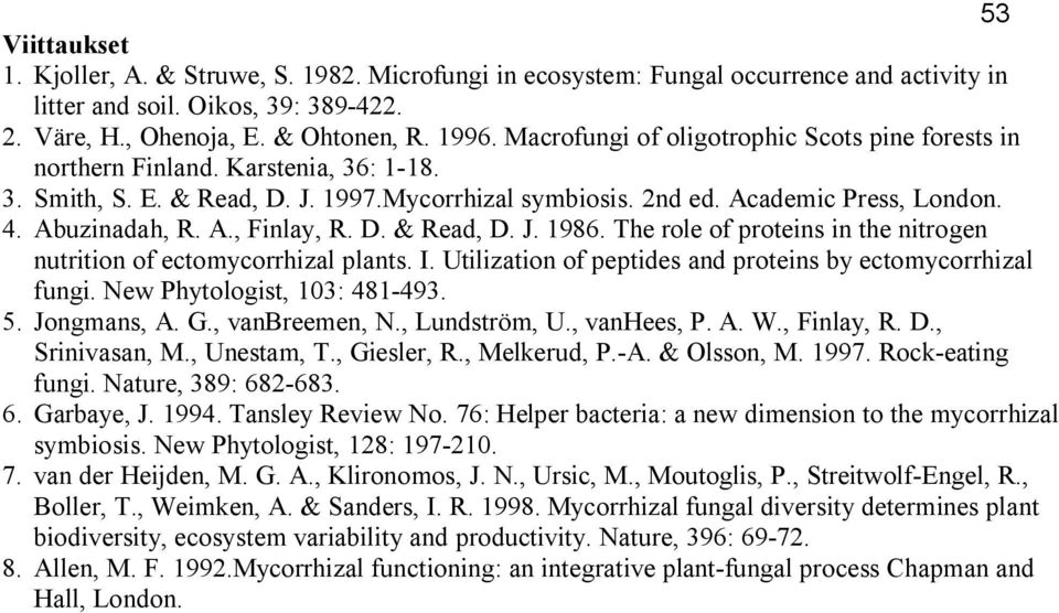 D. & Read, D. J. 1986. The role of proteins in the nitrogen nutrition of ectomycorrhizal plants. I. Utilization of peptides and proteins by ectomycorrhizal fungi. New Phytologist, 103: 481-493. 5.