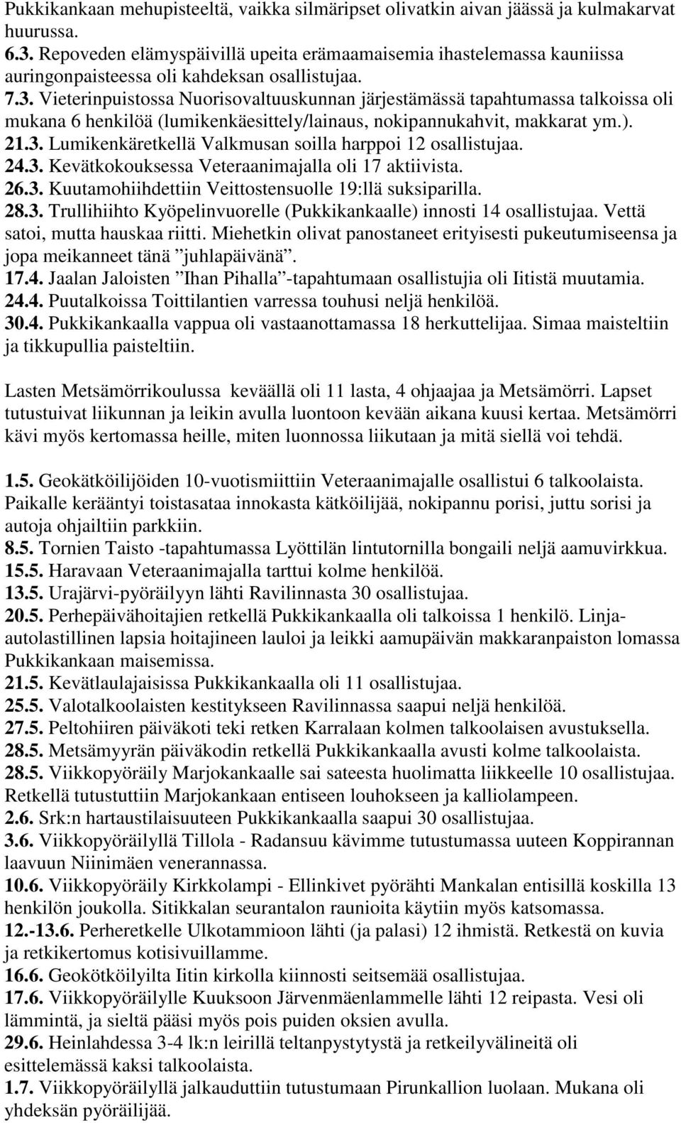 Vieterinpuistossa Nuorisovaltuuskunnan järjestämässä tapahtumassa talkoissa oli mukana 6 henkilöä (lumikenkäesittely/lainaus, nokipannukahvit, makkarat ym.). 21.3.