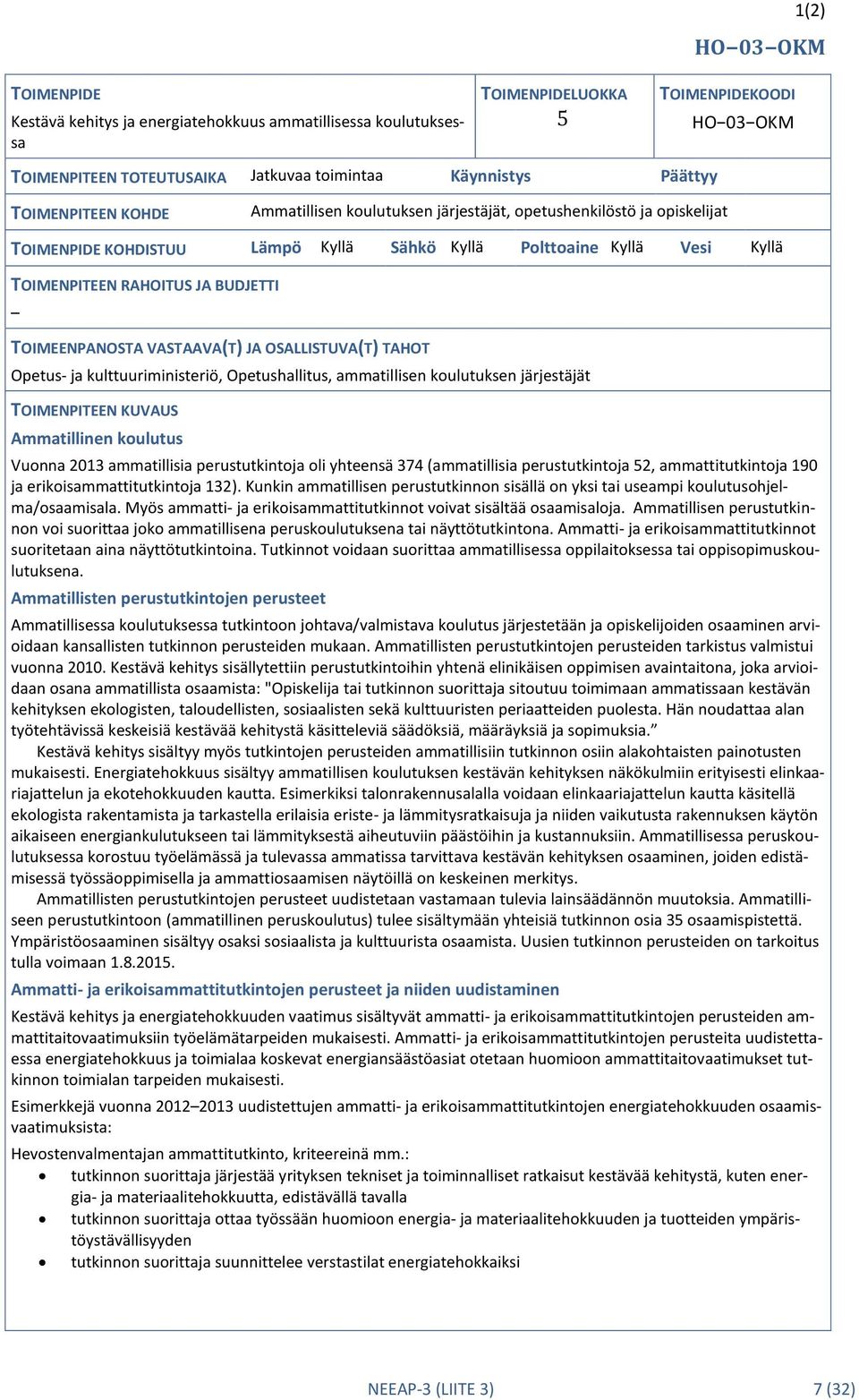 TOIMEENPANOSTA VASTAAVA(T) JA OSALLISTUVA(T) TAHOT Opetus- ja kulttuuriministeriö, Opetushallitus, ammatillisen koulutuksen järjestäjät TOIMENPITEEN KUVAUS Ammatillinen koulutus Vuonna 2013